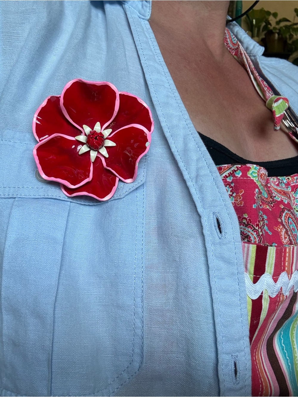 Vintage 1960s Enamel Flower Brooch Red Pink 3” Statement Pin